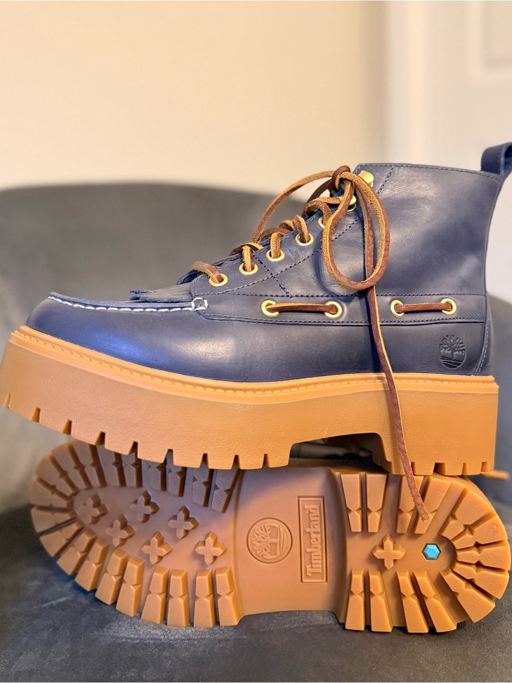 Timberland Women's Stone Street Mid Eye Platform Boot- Dark Blue Full Grain